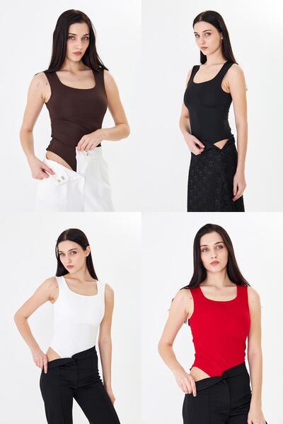 Rora Women's Square Neck Sleeveless Snap Fastener 4-Piece Blouse