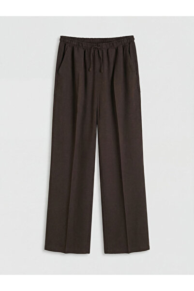 LC Waikiki Καφέ Γυναικείο Παντελόνι από Μείγμα Λινών με Ελαστική Μέση