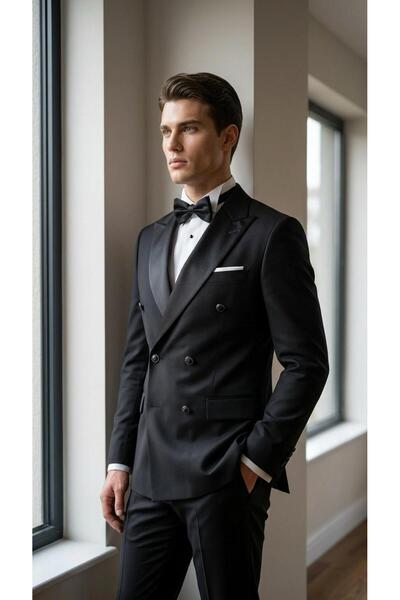 THE ROBUS Men's Double-Breasted Collar Slim Fit Lycra Groom Suit