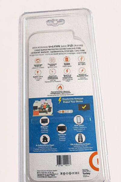 kialed Akım Korumalı USB + Type-C 3’lü 1.5 Metre Grup Priz Anahtarlı