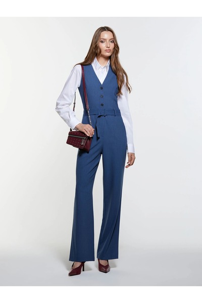 Sisley Women's Lining 100% Cotton Front Buttoned Belted V-Neck Jumpsuit 325A4...