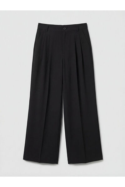 LC Waikiki Μαύρο υφασμάτινο γυναικείο παντελόνι με ψηλή μέση και φαρδιά μπατζ...