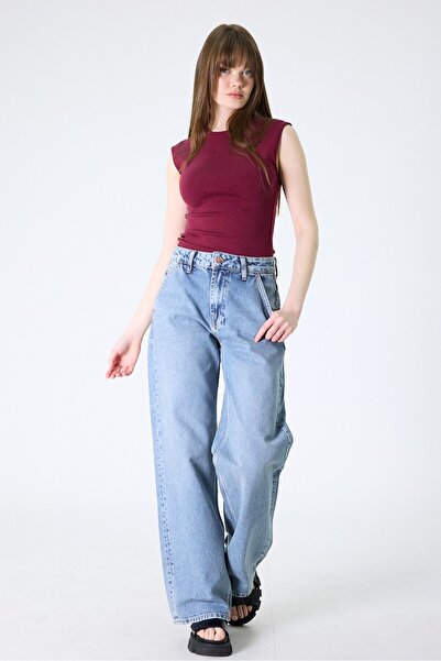 cracpot Kadın Mavi Random Blue Yıkama Wide Leg Jean Pantolon – Yüksek Bel Bol...