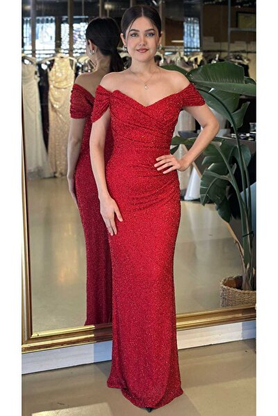 Abiyeniall Kırmızı Madonna Yaka Düz Kesim Likralı Pullu Boncuklu Uzun Abiye E...