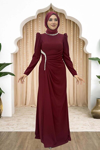Amine Hüma Kristal Taş Detaylı Beli Drapeli Dilem Abiye Bordo