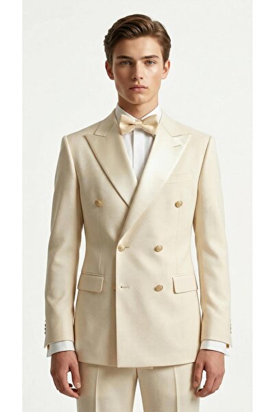 THE ROBUS Men's Double-Breasted Collar Slim Fit Lycra Groom Suit