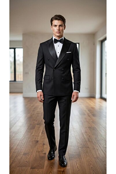 THE ROBUS Men's Double-Breasted Collar Slim Fit Lycra Groom Suit