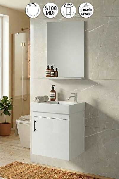 ÖZCEDEN Lale 50x25 cm Beyaz MDF Seramik Lavabolu Asma Banyo Dolabı Takımı