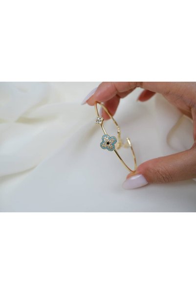 ATELİER TUĞBA Blk244 Turquoise Flower Detail Thin Gold Bracelet (Adjustable)