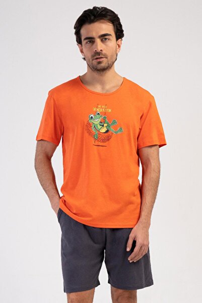 VİENETTA Erkek Kısa Kol Salmon Baskılı %100 Pamuk Şortlu Pijama Takımı C5T7N1904
