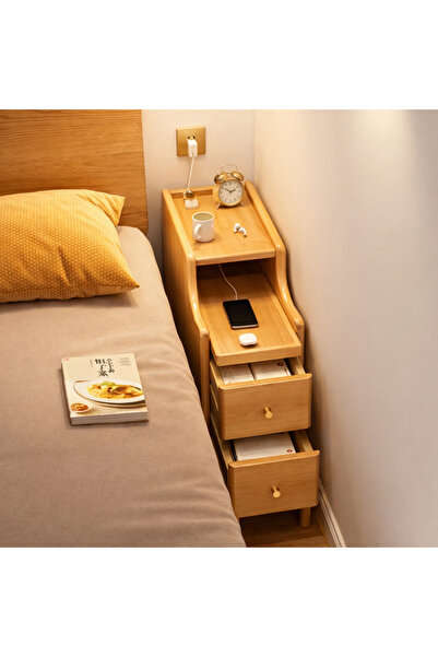 DR. CIVANA Masif Kayın Komodin 20x40x50 cm Dar Gece Sehpası 2 Çekmeceli Raflı...