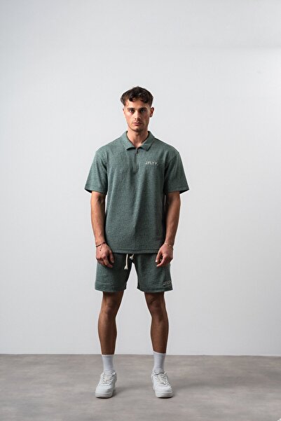 Respire طقم شورت تي شيرت رجالي 2FLYY مطبوع بنصف سحاب وقصة عادية من Nefti