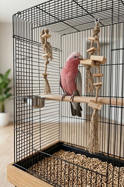 Mivra Pets Papağan Oyuncağı Kemirme Parçalama Seti 2’li Jüt Halat Doğal Ahşap...