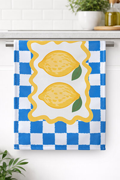 ASDİVA Li̇mor 1 Lemon Blue White Plaid Patterned Decorative Kitchen Towel & D...