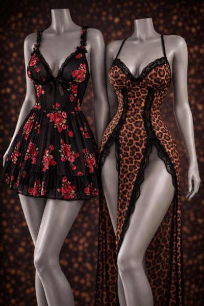 Albonse Leopar Yırtmaçlı Uzun Gecelik Gül Desenli Transparan Babydoll Takımı
