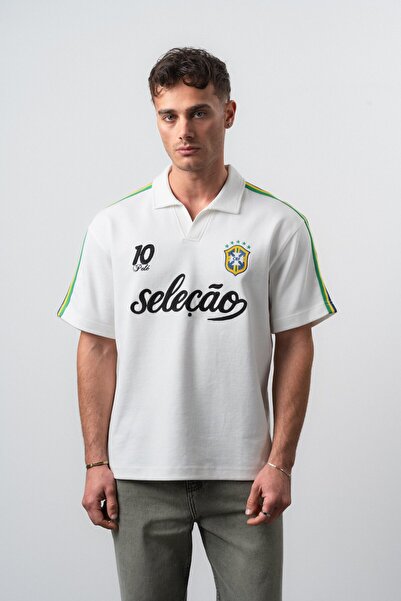 Respire Men's Seleçao World Cup Regular Fit Polo Neck Fan T-Shirt Ecru