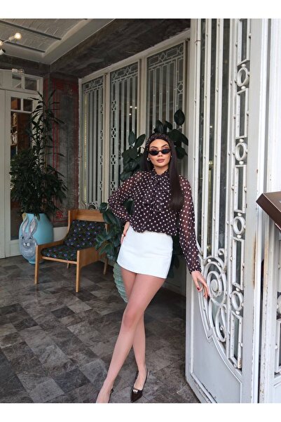 timagna Kadın Gömlek Fular Yakalı Puantiyeli Şık Şifon Bluz