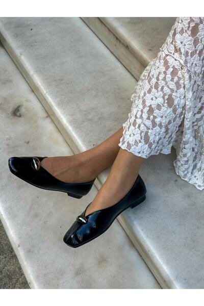 azza shoes Elio Shiny Flat Toe Accessory-Detail Shoes, Stylish and Comfortable Daily Flat Ballet Flats