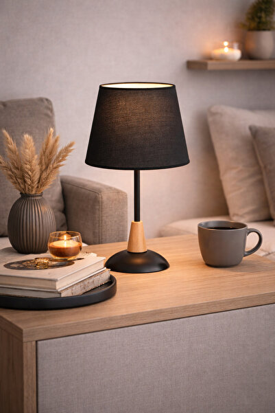 N.zone Modern Black Luxury Wood-Grain Table Lamp - Elegant Design with Warm L...