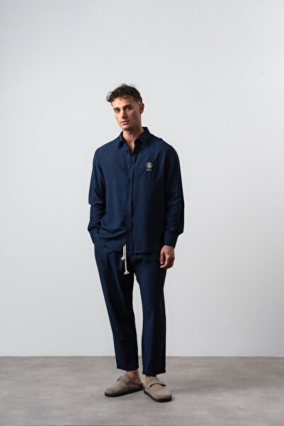 Respire Ανδρικό λινό πουκάμισο oversize και παντελόνι σετ σε μπλε ναυτικό