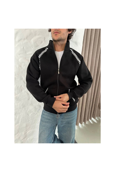 Narnuga Oversize High Collar Zippered Sweatshirt - Chain Embroidery with Kang...