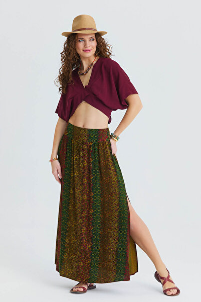 Los banditos Fustă cu fantă adâncă în talie elastică, cu model floral