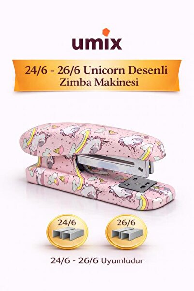 Umix Unicorn Desenli Zımba Makinesi 24/6 – 26/6 Uyumlu Renkli Ofis & Okul Zım...