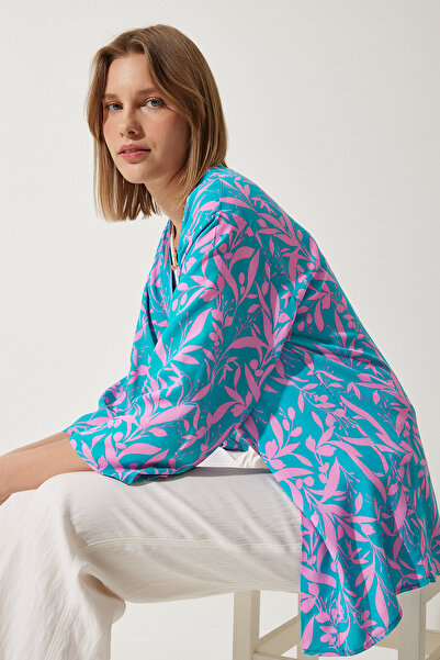 Lovelyİstanbul Patterned Viscose Kimono Len0004 Pink Sky Blue