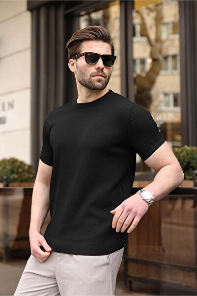 Madmext Black Crew Neck Ribbed Men's T-Shirt E7474