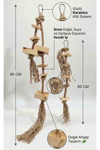 Mivra Pets Papağan Oyuncağı Kemirme Parçalama Seti 2’li Jüt Halat Doğal Ahşap...