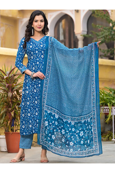 MYSMAR Blue Cotton Salwar Kameez & Dupatta Set - ALV2108 | Blue