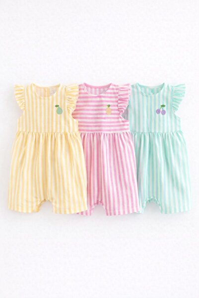 Next Baby Cotton Pink Yellow Green Printed 3-Piece Jumpsuit Set