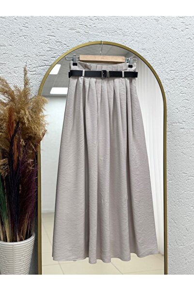 MİHRA STORE Luna Pleated Belted Modal Skirt-Bn4610.4644 Stone