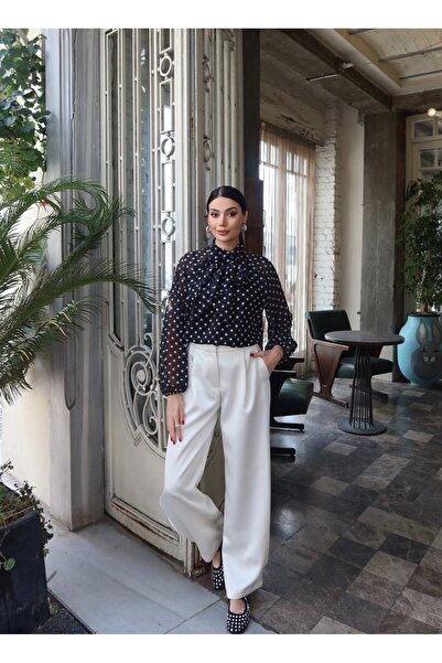 timagna Kadın Gömlek Fular Yakalı Puantiyeli Şık Şifon Bluz