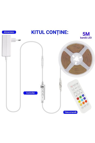 proled Kit bandă LED 5M COB RGBW, Control inteligent, Aplicație, sincronizare muzicală, culori ajustabile