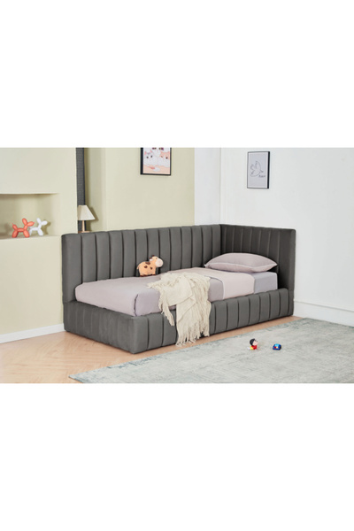 Coral Pat 90x200 cm catifelat, gri, cu spațiu de depozitare și somieră inclusă