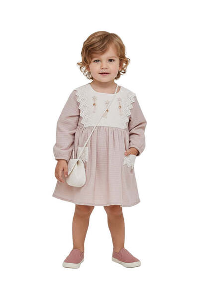 The-kid.co Vintage Cotton Baby Girls Dress with Bag - Powder