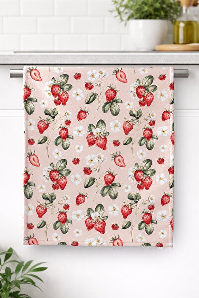 ASDİVA STRAWBERRY-1 منشفة مطبخ مزخرفة باللون الوردي بنمط الفراولة وقطعة قماش ...
