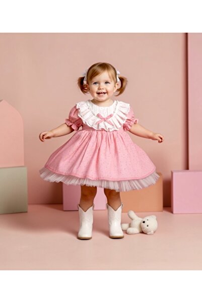 LİTTLE ANGELS Kız Bebek Pembe Karpuz Kollu Poplin Elbise