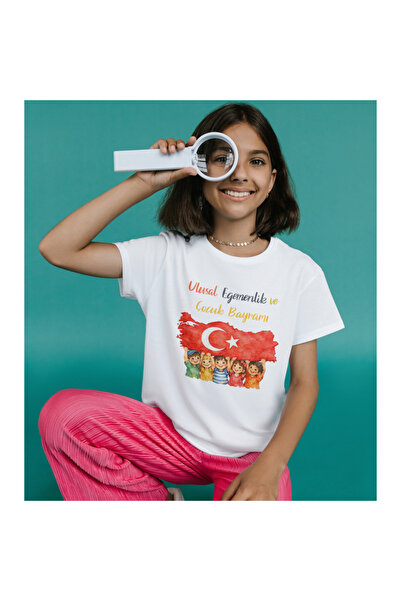 ALPŞAN TİCARET Παιδικό μπλουζάκι 23 Απριλίου για κορίτσια και αγόρια Λευκό πα...