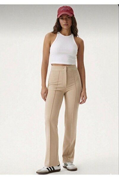 glanour Women's Beige High Waist Gathered Spanish Style Flared Palazzo Trousers