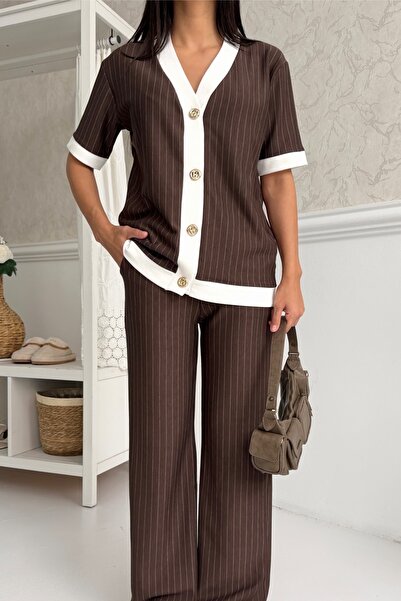 Ded COLLECTION Set modal pentru femei, cu dungi albe și benzi, cu nasturi în ...