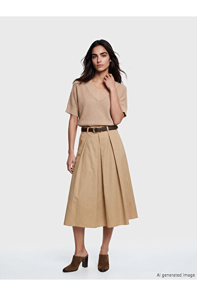 LC Waikiki Beige Belted Poplin Pleated Skirt