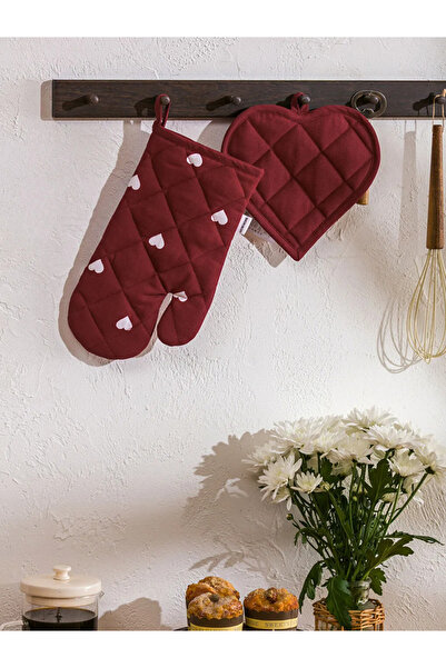 LC Waikiki Lcw Home Red Heart Printed Oven Mitts and Potholder