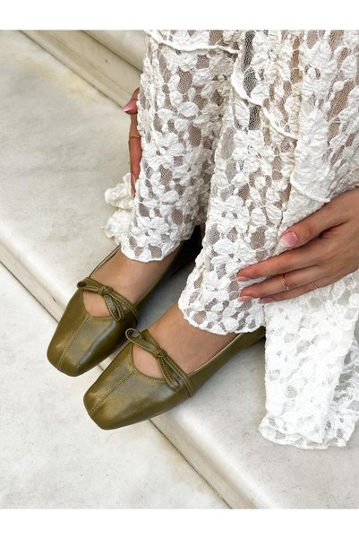 azza shoes Aries Bow-Decorated Square-Shaped Front-Stitched Elegant and Comfortable Daily Ballet Flats