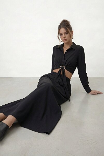 VAGGON Buckle-Decorated Long Sleeve Shirt and Maxi Skirt Set