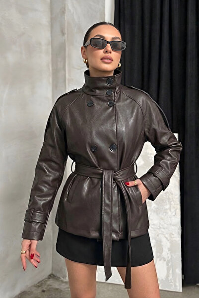 spirituel Women's Faux Leather Jacket Belted Buttoned Long Sleeve Pocketed St...