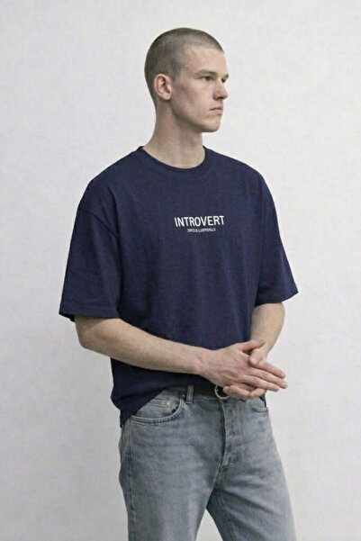 MATERIAL Ανδρικό μπλουζάκι INTROVERT με στάμπα, υπερμεγέθη, σε σκούρο μπλε χρώμα