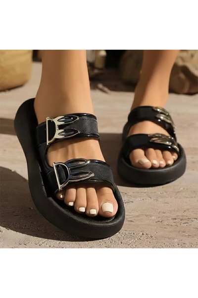 FASHION صندل نسائي مريح بحزام مزدوج وإبزيم