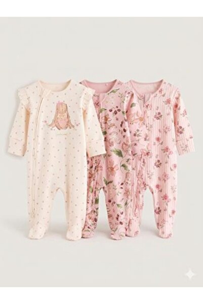 Next Baby Pamuklu Pembe Tavşan Desenli 3'lü Tulum Set